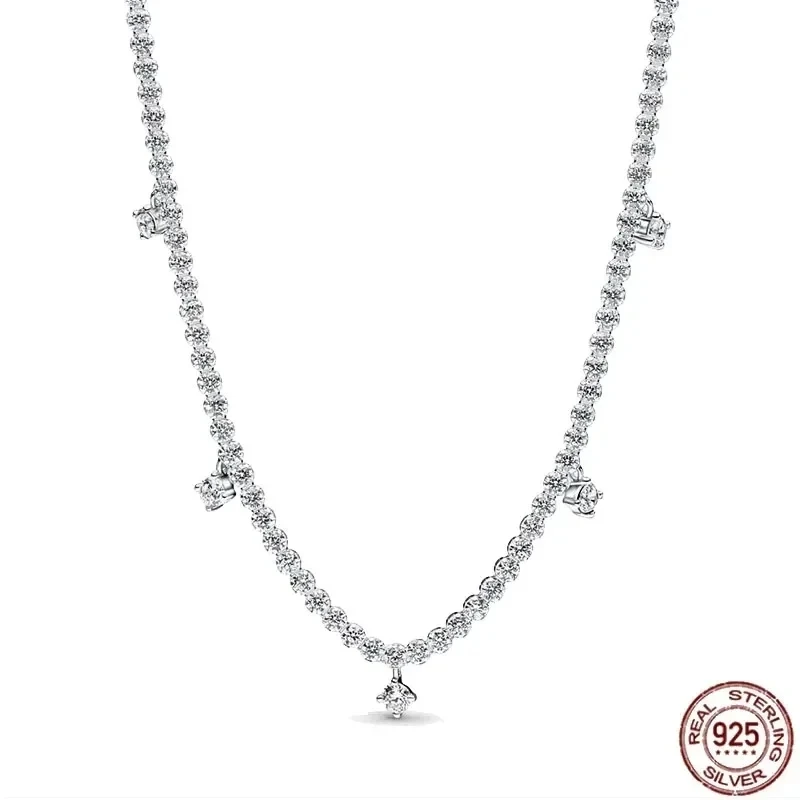 925 Sterling Silver Square Pendant Necklace, Fit Original Pandora, Presentes de Jóias Clássicos, Brilhante, Redondo, Corações, DIY, Casal