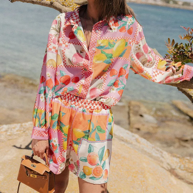 

Summer Vacation Floral Print Party Set Ladies Fashion Long Sleeved Shirt Beach Suit Casual Single Breasted Pocket Shorts Outfits
