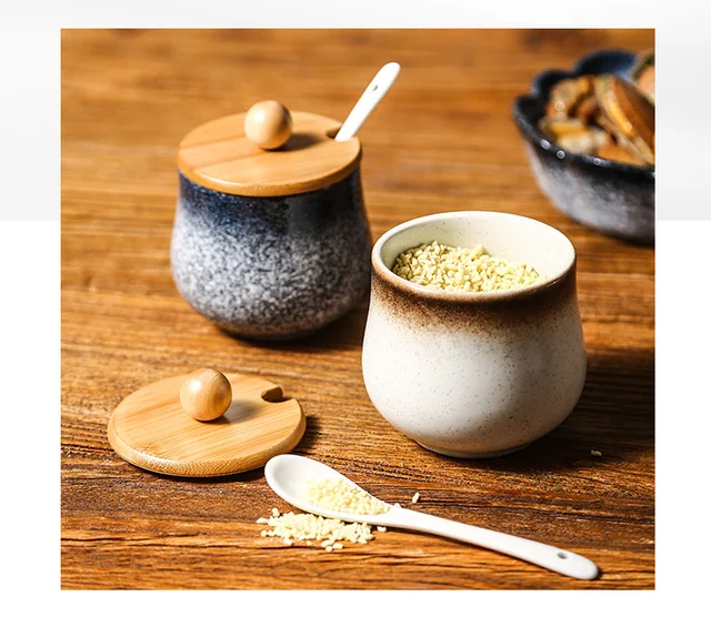 2 Pcs Japanese Retro Condiment Jar Pot Spice Container Asian Chinese  Ceramic Seasoning Jar with Lid Spoon and Tray Great for Home Kitchen Counter
