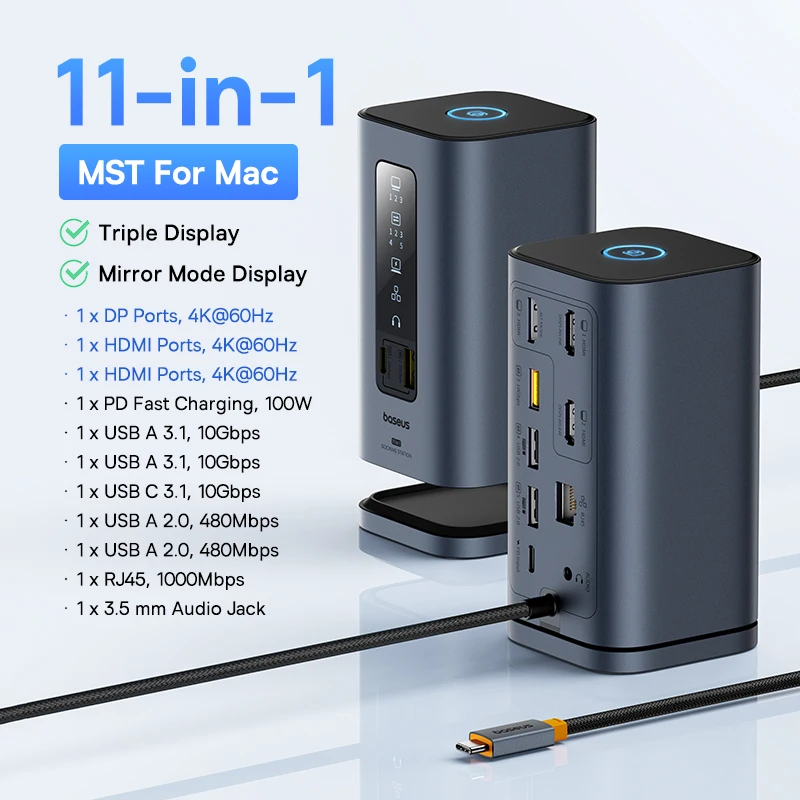 thumbnail image 1 of Hub USB C Baseus a DP 4K a 60 Hz HDMI DisplayPort Estación de acoplamiento 11 en 1 Triple pantalla RJ45 PD 100 W para Windows Mac Hub USB 3.1, 1 of 5