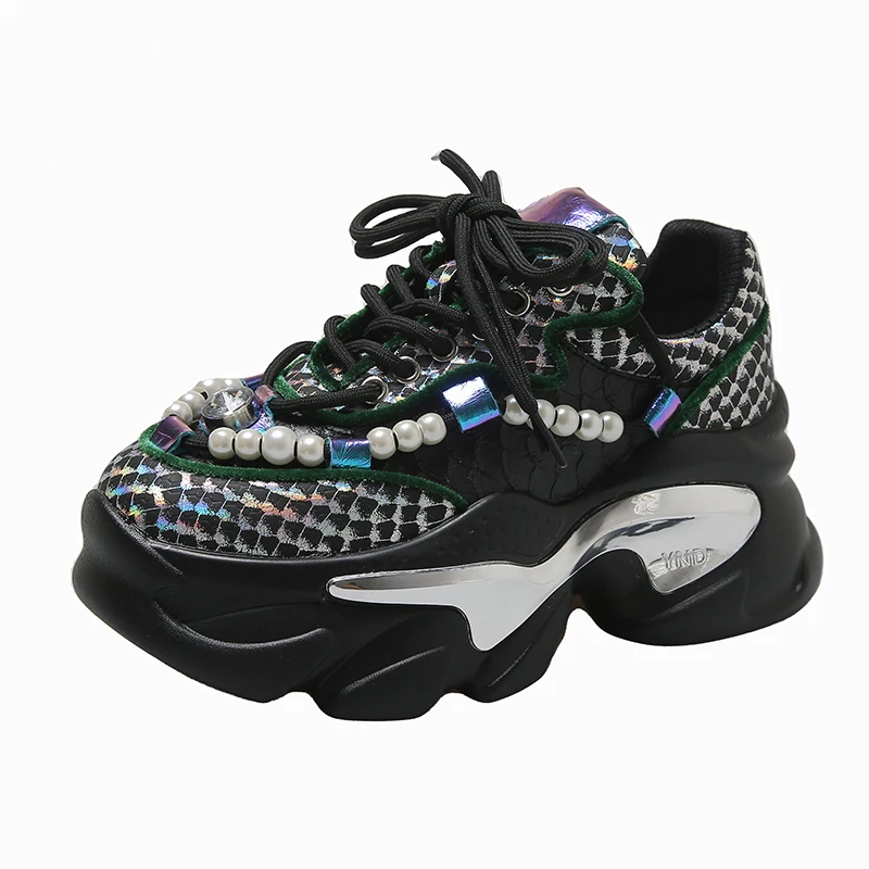 Snake Print Chunky Sneakers Women 2023 Thick Bottom Platform Ladies Sports Shoes New Autumn Pearl Rhinestone Dad Shoes Woman 8CM