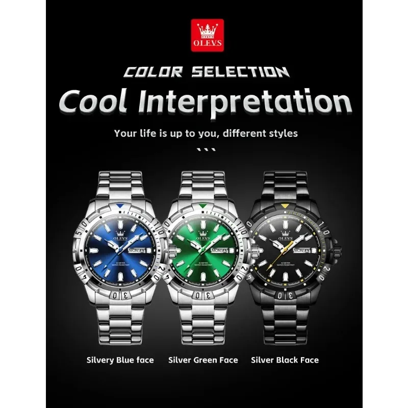 OLEVS Men's Quartz Watch Stainless Steel Sport Waterproof Glow-In-The-Tark Chronograph Moon Phase Wristwatch for Men