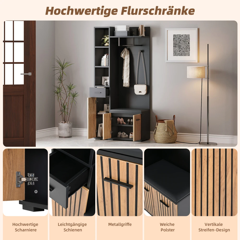 Kleiderschrankständer mit Spiegel, Schuhbank, Schuhschrank, Schublade, Regal und Kleiderhaken, Holzfarbe Weiß – Detail 18