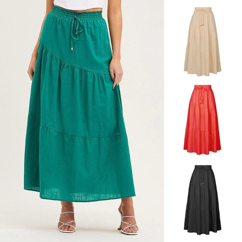 

Pleated Flowy Skirts For Womens Maxi Skirts Long Summer Boho Elastic High Waist Skirt Asymmetrics Aline Long Maxi Skirt