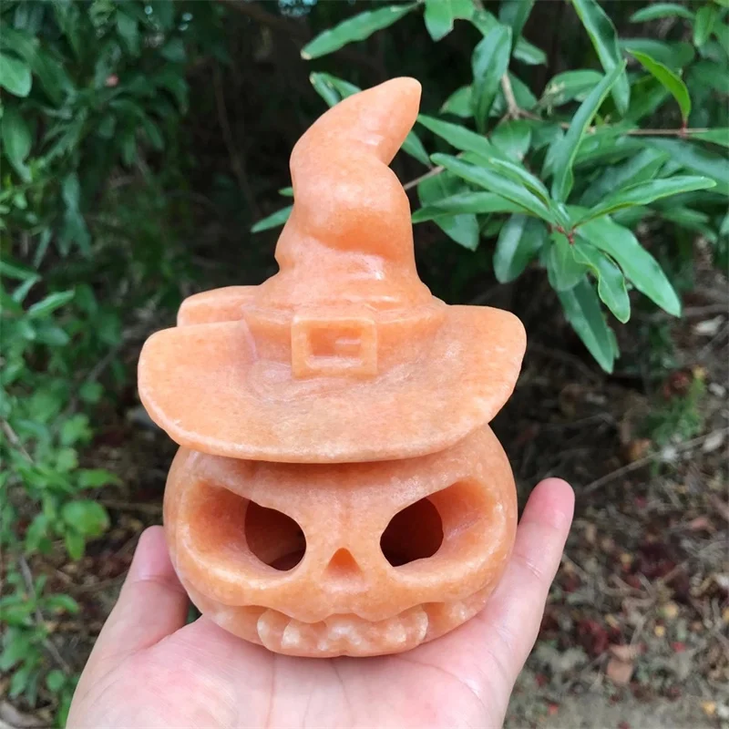 

Natural Yellow Jade Halloween Hollowed-out Pumpkin Skulls Crystals And Stones Healing Home Decoration Accessories