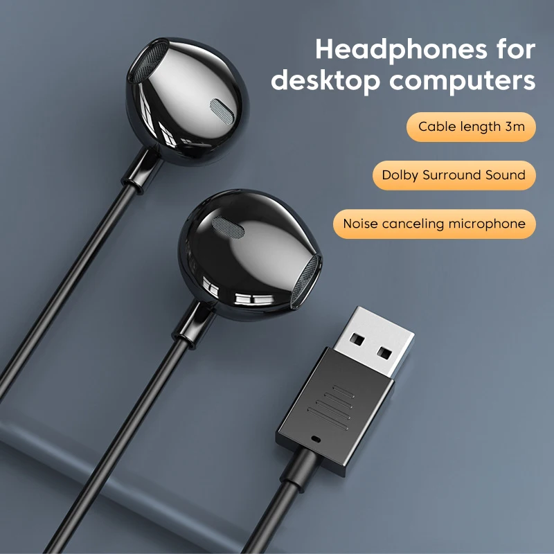 USB Wired Headphones 3M Long In-ear Earphones With Mic USB-A Cable Handsfree Headset Gaming USB Earbuds For PC Desktop Laptop 2