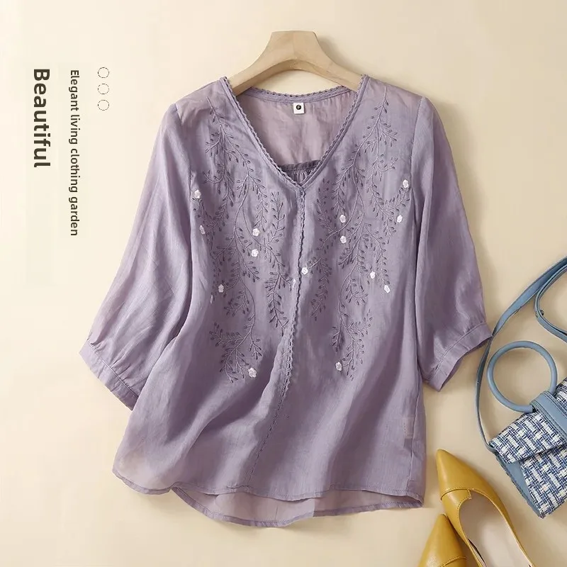 Women's V-Neck Embroidered Cotton Linen Summer Shirt