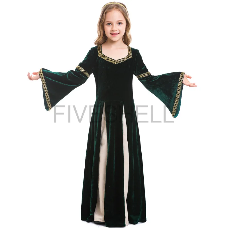 

Medieval Renaissance Girls Dress Princess Victorian Costume Halloween Vampire Cosplay Hooded Robe Gown Girls Long Dress