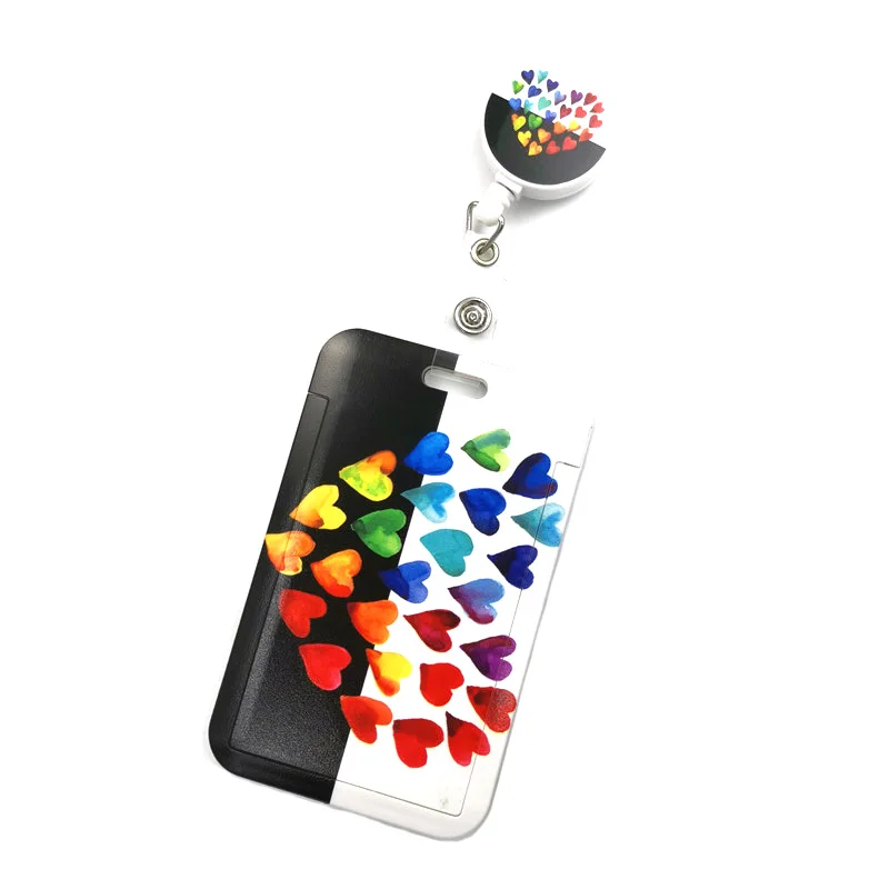 Badge Holder Rainbow Color Hearts Love ID Retractable Badge Holder ID Badge Holder Clip Key Ring for Name Card Keychain Nurse Work Decoration