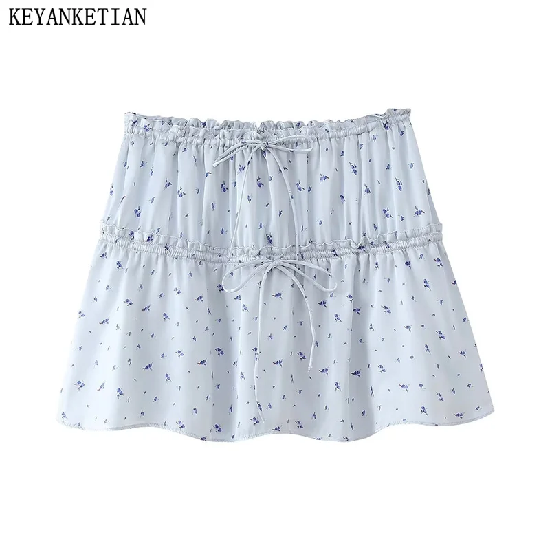 

KEYANKETIAN 2024 New Launch Pastoral style Flower Print Skirt Summer Bow Lace Up Patchwork Elastic Waist Women A-line Mini skirt