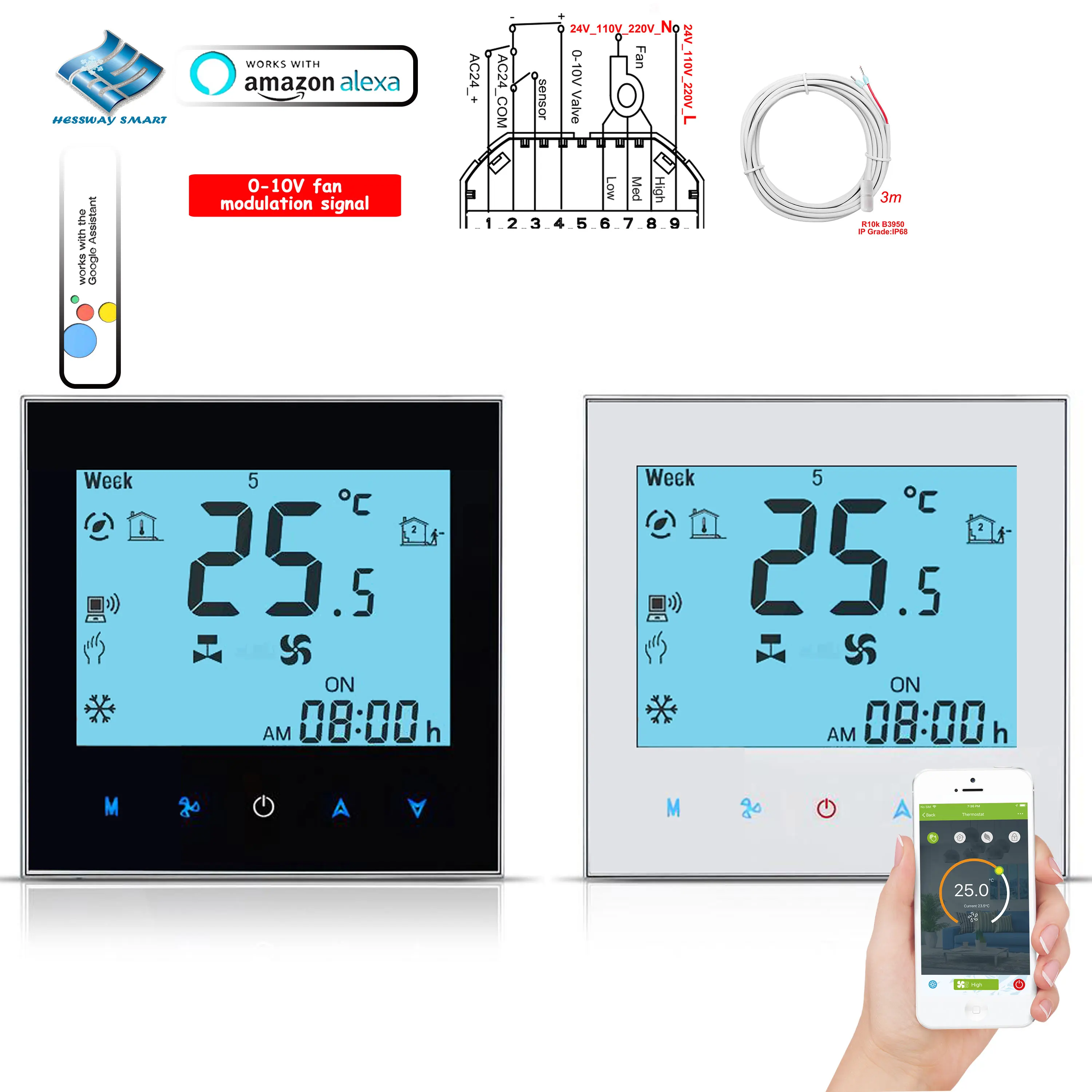 Wifi/Rs485 Termostato Ventola A Contatto A Secco A 3 Velocità Per Riscaldamento A Sonda Mobile Valvola 0-10V Alimentazione 24V
