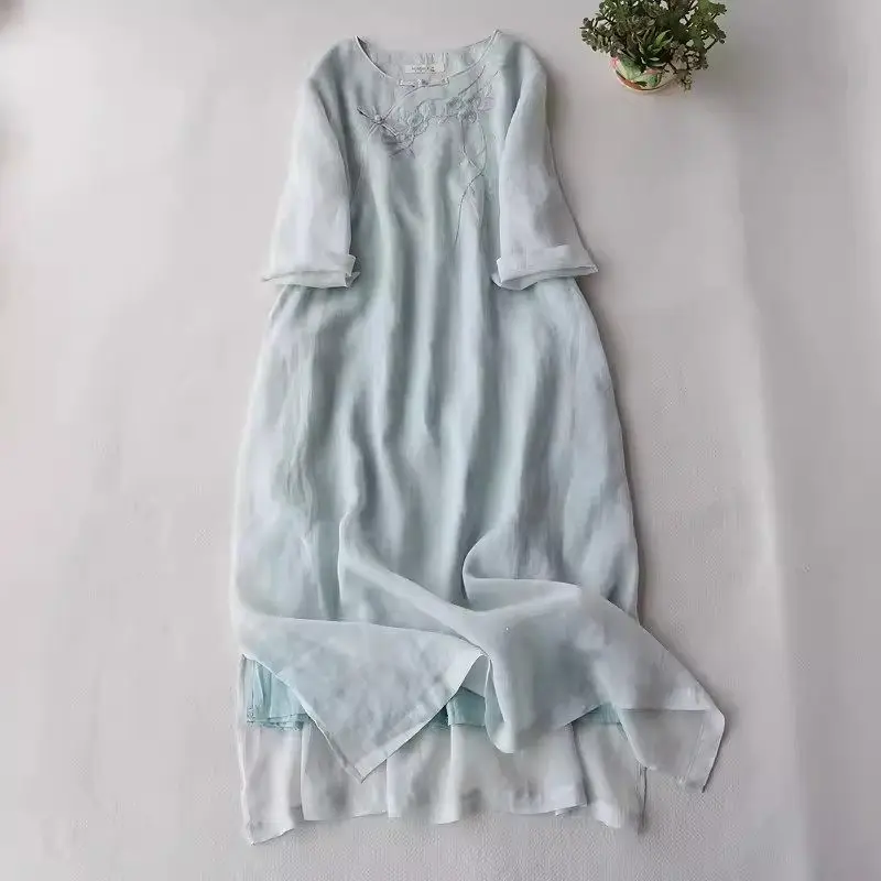 

Новинка, женское летнее платье в китайском стиле, модель 2024 года, модная высококачественная одежда с вышивкой дзен-чай, длинное льняное художественное платье, k1304