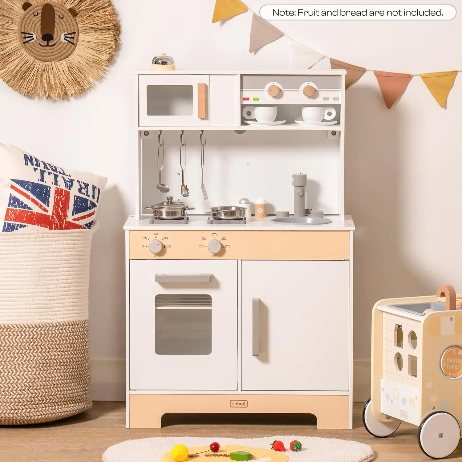 2 in 1 Play Kitchen for Kids Wooden Chef Pretend Play Kitchen Playset with Sounds Food Cookware Accessories Set for Boys Girl