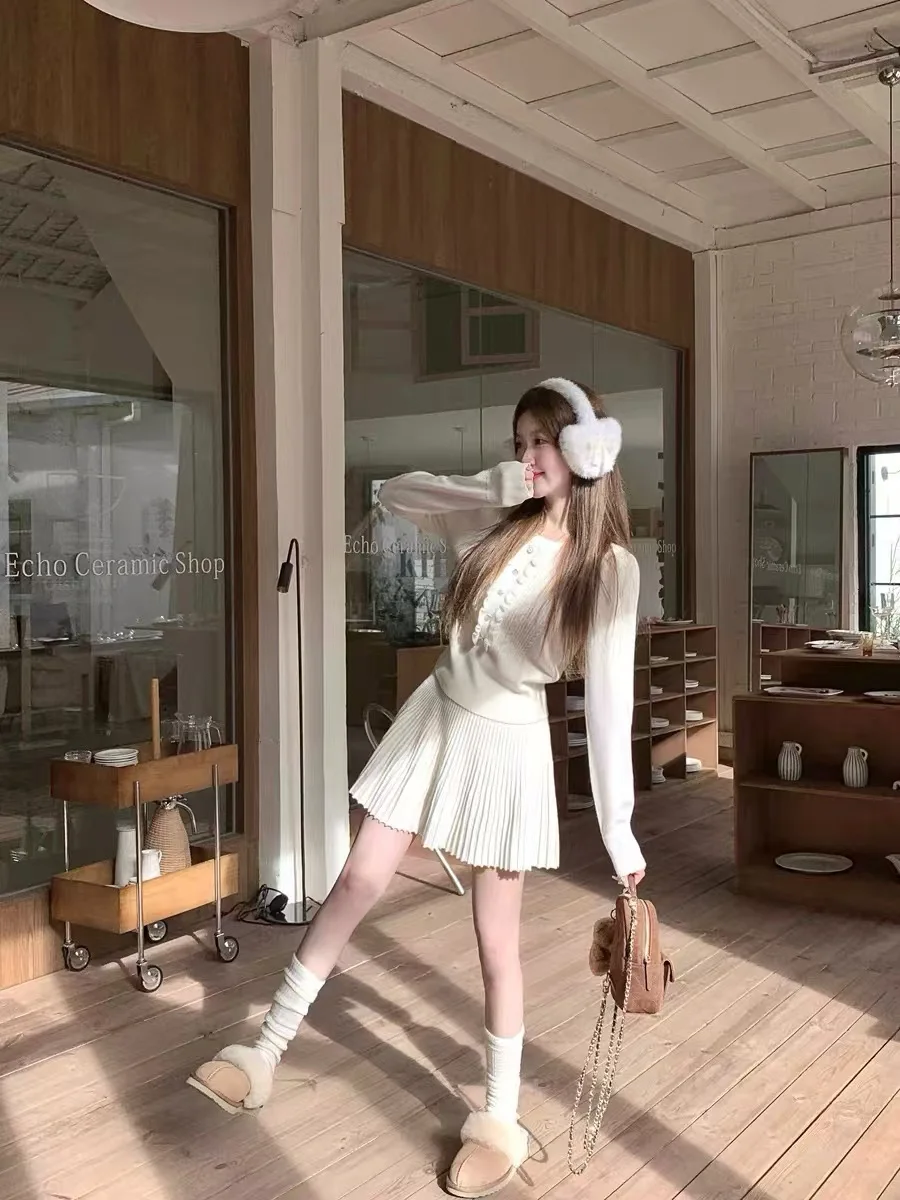Autumn Preppy Style Knitted 2-piece Sets Women O-neck Long Sleeve Top Pleated Mini Skirt Korean Fashion Casual Outfits New Suit