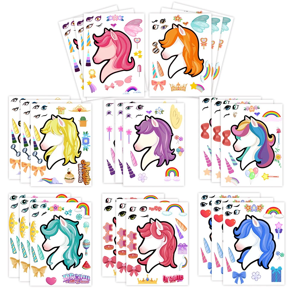 

8/16Sheets Children DIY Cute Unicorn Puzzle Stickers Game Kid Assemble Jigsaw Girls Boys Favor For Party Educational Toy Gift