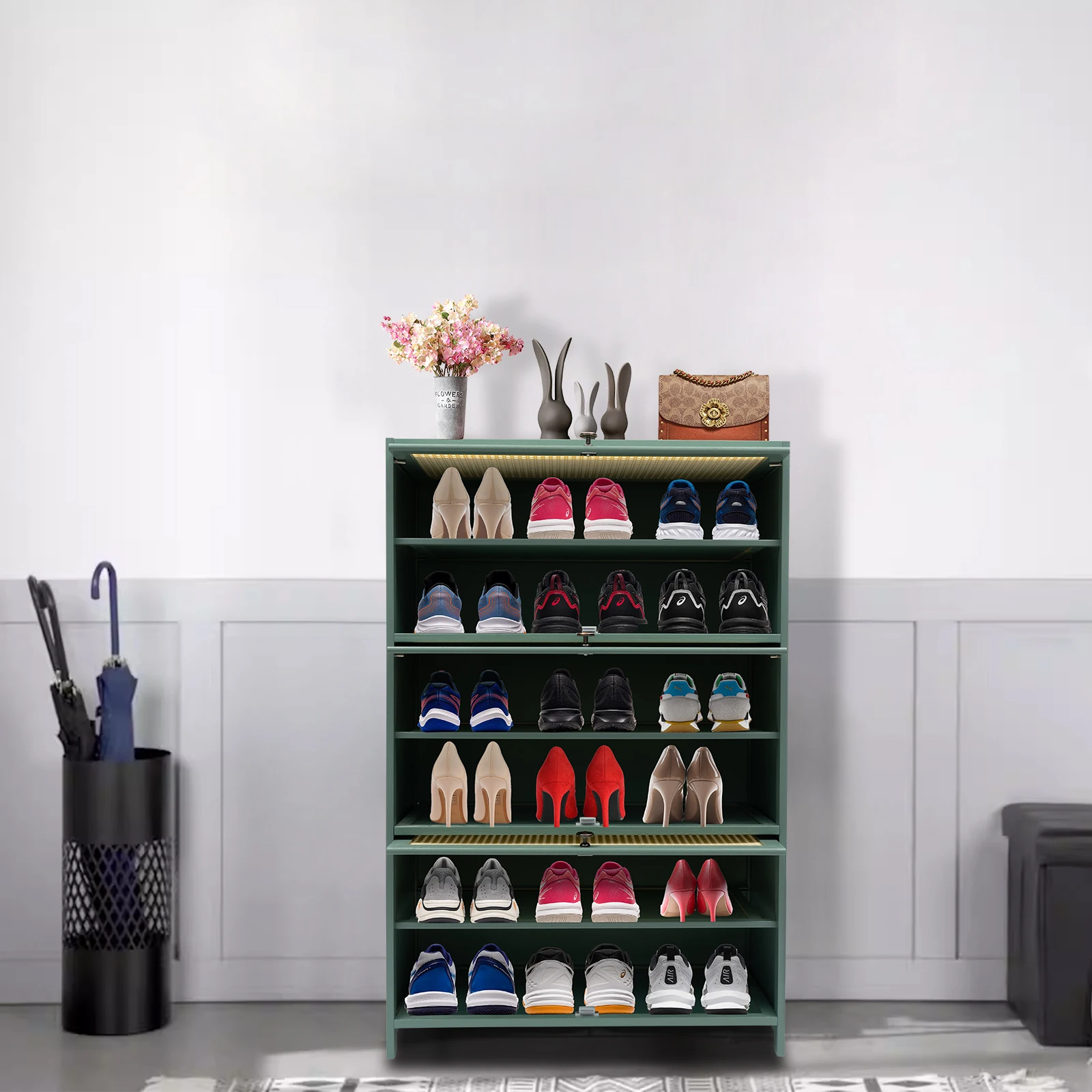 7 Layers Bamboo Shoe Storage Organizer Shoes Holder Dust-proof Entrance Bedroom Storage Cabinet Home Furniture 70*32*106cm Green 2