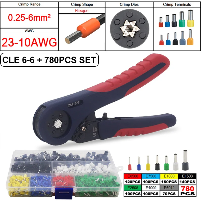 2022 New! Tubular Bootlace Terminals VE&TE Crimping Pliers & Terminal Set Min 0.08mm Hand Tools Electrician Crimper HSC8 6-6 10S 6 point wrench set Tool Sets