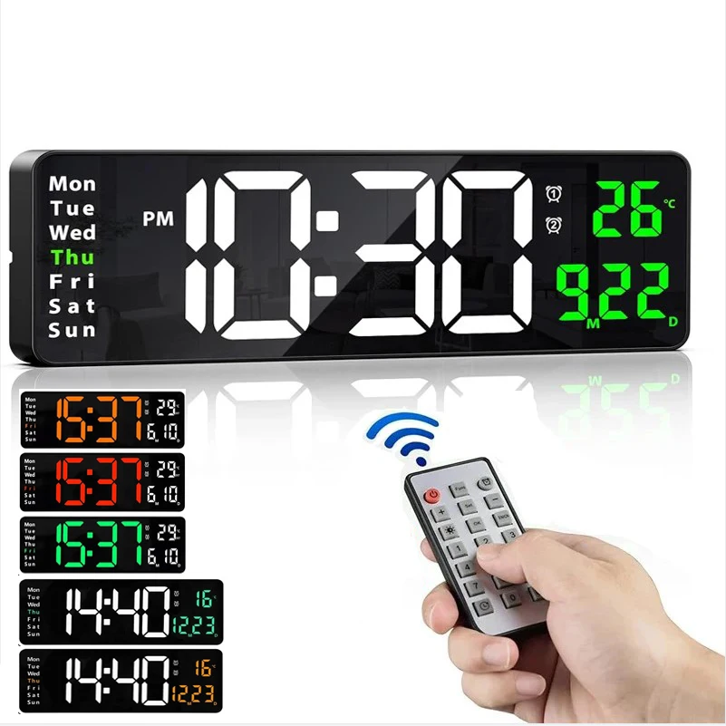 Wall Clock Digital Large LED Wall Mounted Remote Remote Control Date Week Temperature Clock Dual