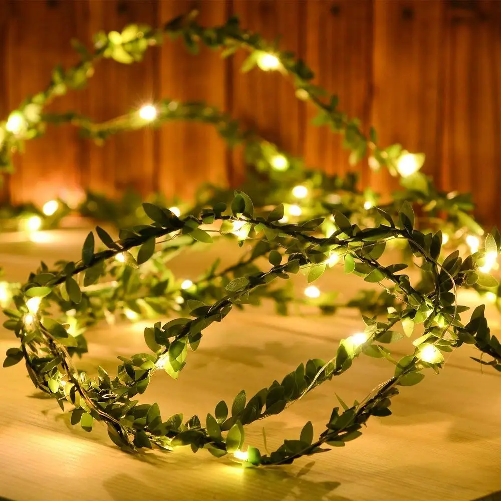 2/3/5/10M Artificial Green Leaf String Lights Battery Operated Fairy Light Hanging Tiny Leaf Plants Garland Lamp For Xmas Party 5 piece 36 leaf fake foliage vine flowers wreath garland plants leaf artificial ivy home decoration creeper begonia scindapsus