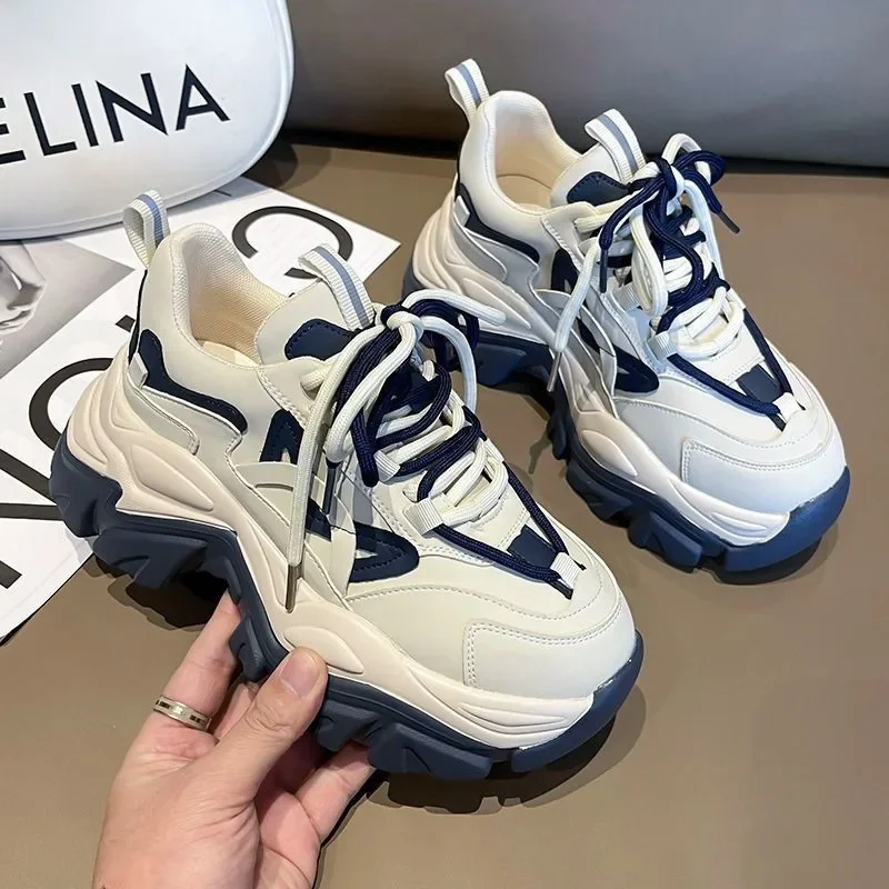 

2024 New Spring Women's Chunky Platform Sneakers Lace Up Casual Sports Shoes Woman Fashion Thick Bottom Walking Shoes