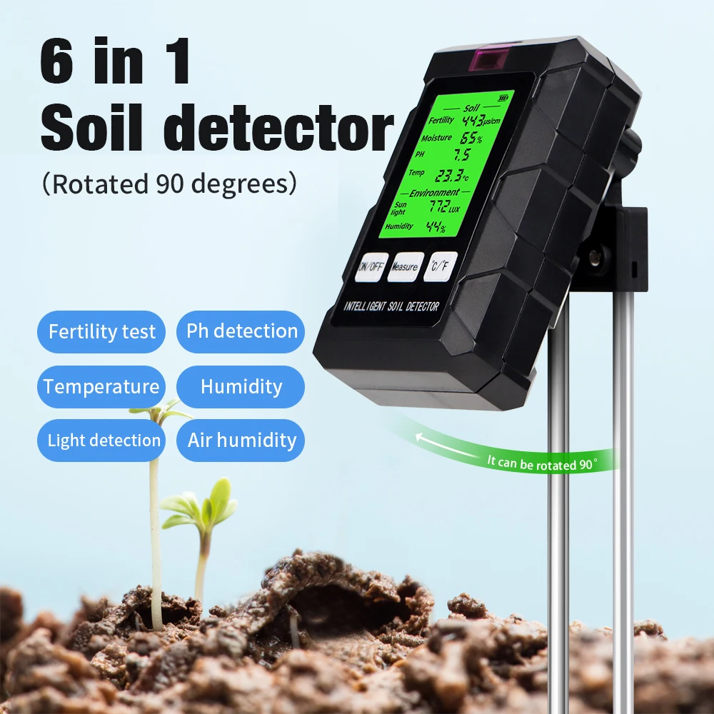 Soil Moisture Sensor Soil Tester PH Meter 90 Degrees Rotation 6 in 1 Soil Meter Soil PH Tester Moisture Fertility Temperature Air Humidity Light Detector for Garden