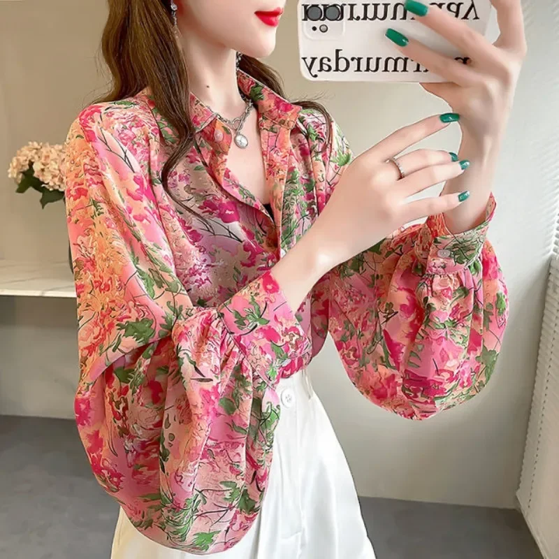 Chiffon Vintage Women's Shirt Summer Prints Blouses Loose Fit Poloo-neck Long Sleeve Women Tops Fashion Clothing 2024 Korean