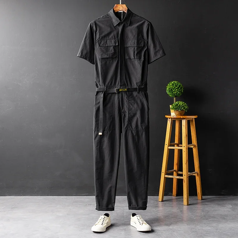 Men and Women's Vintage Short Sleeve Jumpsuit, Couple Thin Summer Clothing Set, American Fashion Brand, Casual, Navy Blue