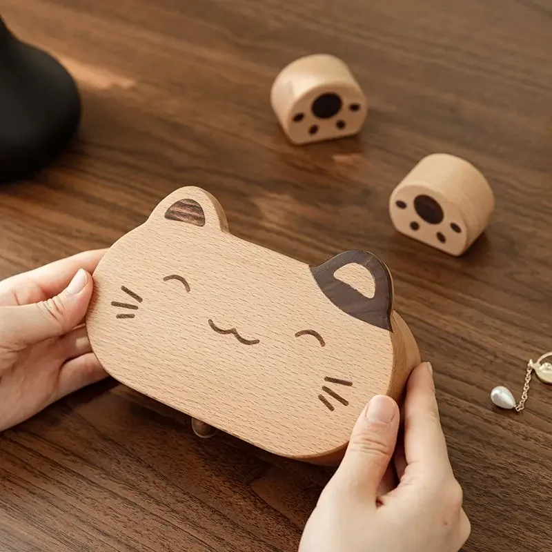 Solid Wood Fortune Cat Jewelry Box,Retro Portable Earrings Rings Premium Jewelry Box Holder Storage,Gift for Couple Friend Girl 2