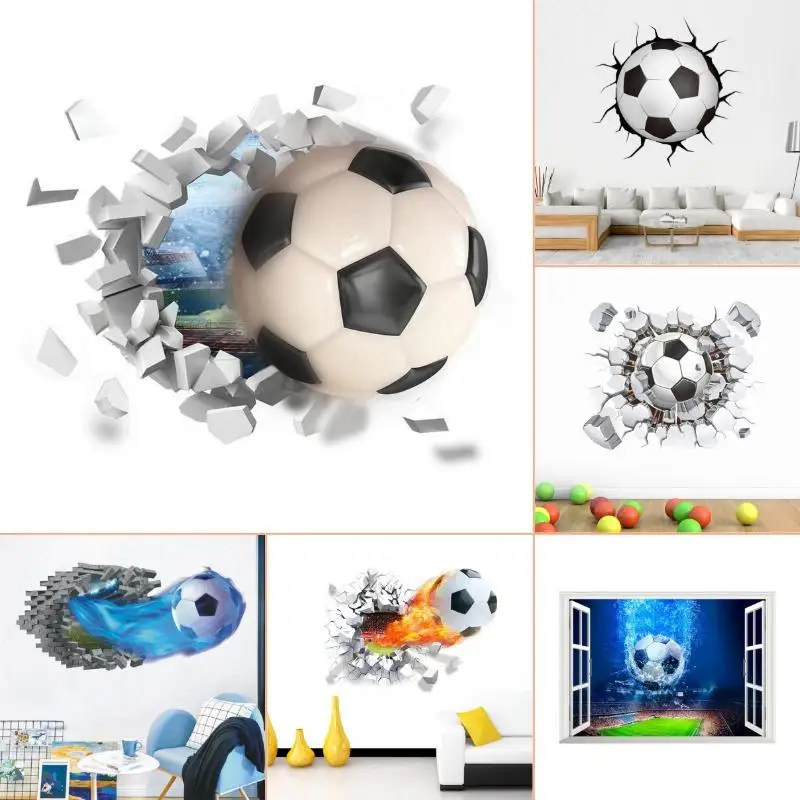 3D Broken Wall Football Wall Stickers Home Decoration For Boy Bedroom Decor Livingroom Self-adhesive Wallpaper Wallart Mural