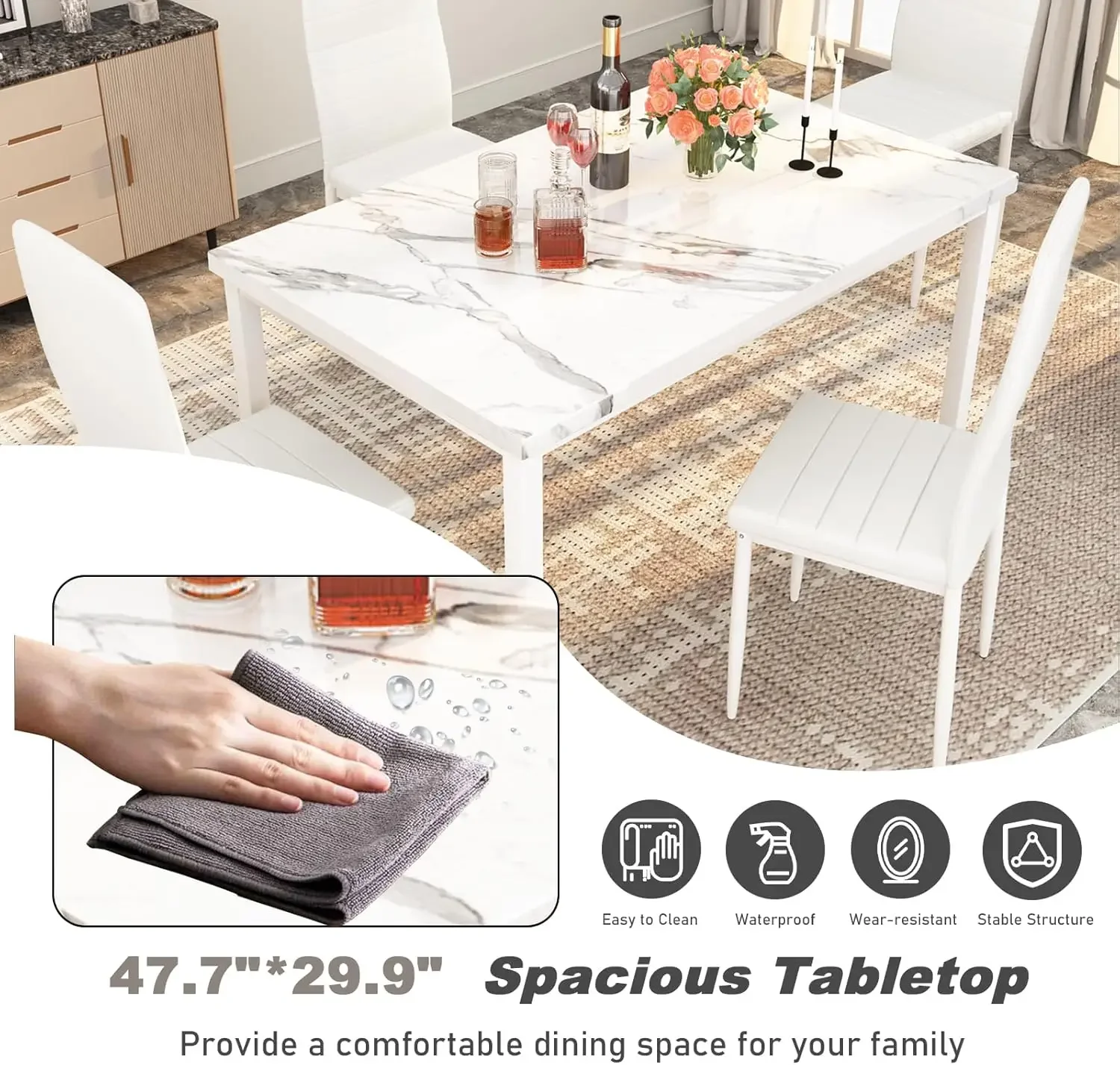 Dining Table Set for 4 Marble Kitchen Table and Chairs for 4, Comfortable PU Leather Chairs,Dining RoomTable Set for Small Space 6