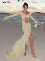 Weird Puss Sexy Sheer Women Dress Elegant Hollow V-Neck Splits Long Sleeves Ruffles Lace Ruched Bodycon Beach Vacation Clubwear - Image 5