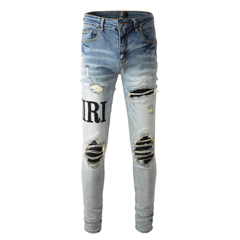 

Light Blue Slim Washed Distressed Moustache Damage Hole Letters Patch Embroidered Streetwear High Stretch Skinny Ripped Jeans