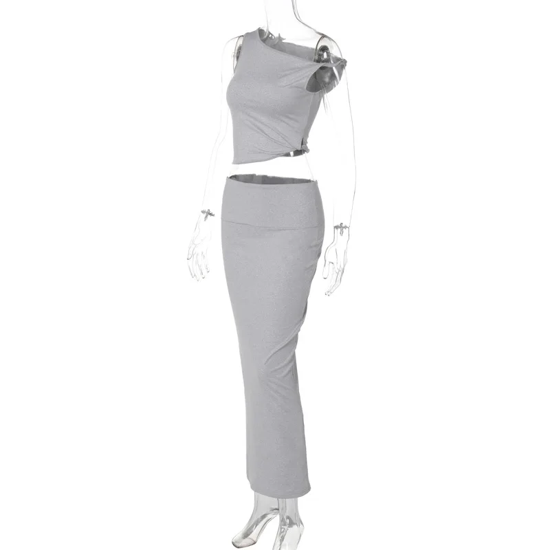 Off-shoulder Vest 2-piece Skirt Suit Women's Summer Solid Color Slim Sleeveless Slit Long Skirt Suit Women's 2-piece Suit