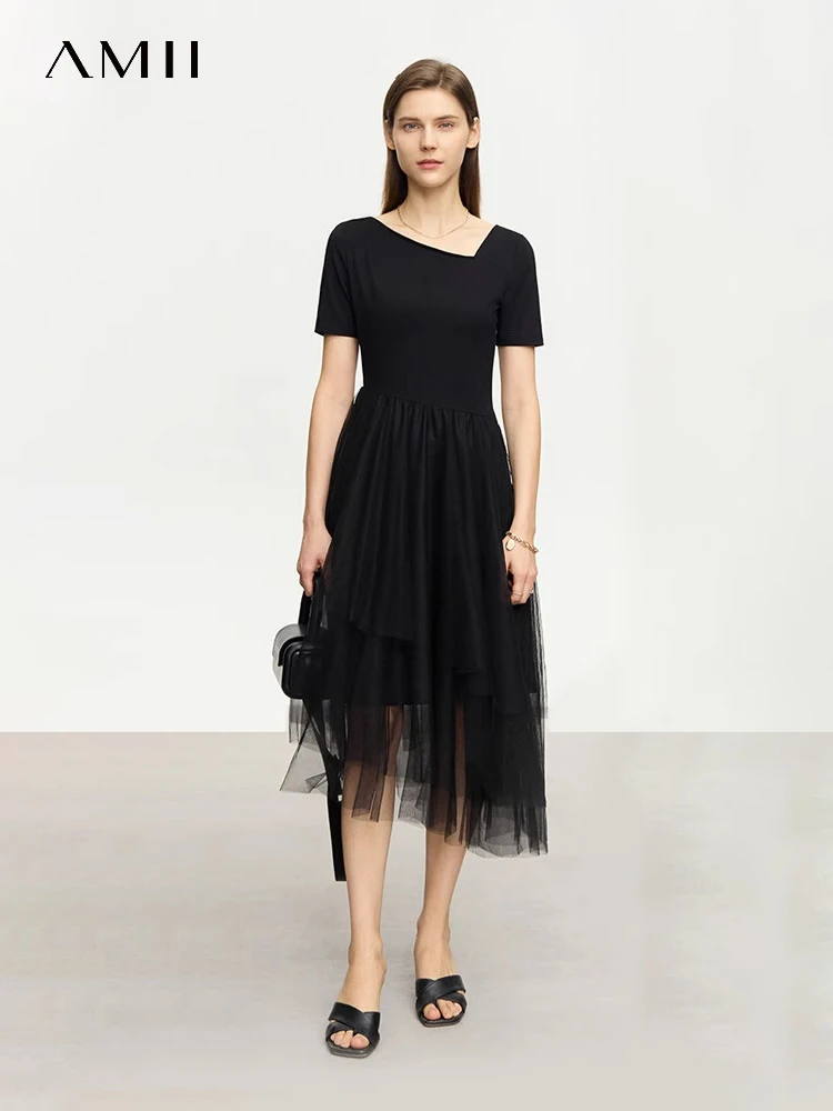 

AMII Minimalism Asymmetrical V Neck Dress for Women 2023 Summer New Patchwork Mesh Short Sleeves Casual Female Vestidos 12322007