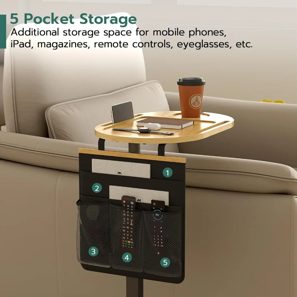 Yufoi Side Adjustable Heights, Bamboo Sofa With Storage Pocket, Liftable Couch Arm Tray Table