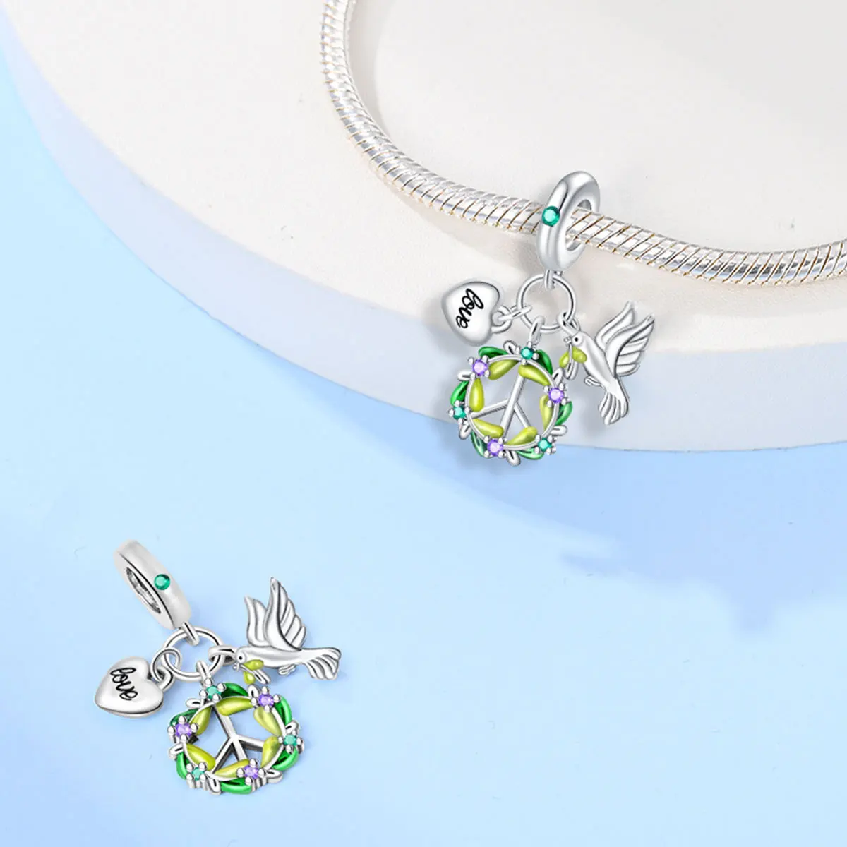 Silver Plated Beads with Colorful Crystal Pendant - Peace Dove, Globe, and Rose Heart Design