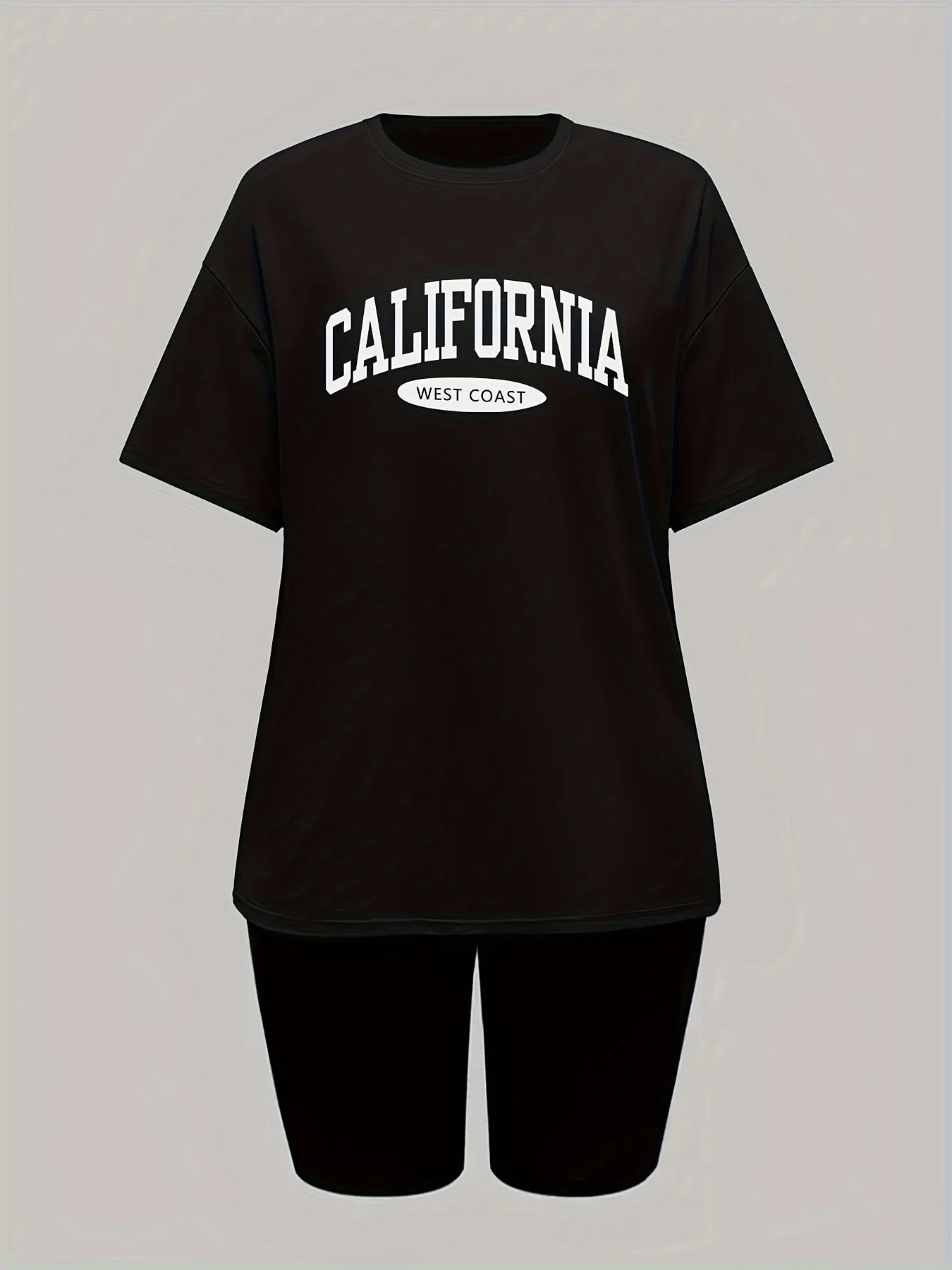 Women's summer casual loose fit large casual CALIFORNIA letter print round neck short sleeved T-shirt+shorts two-piece set 2