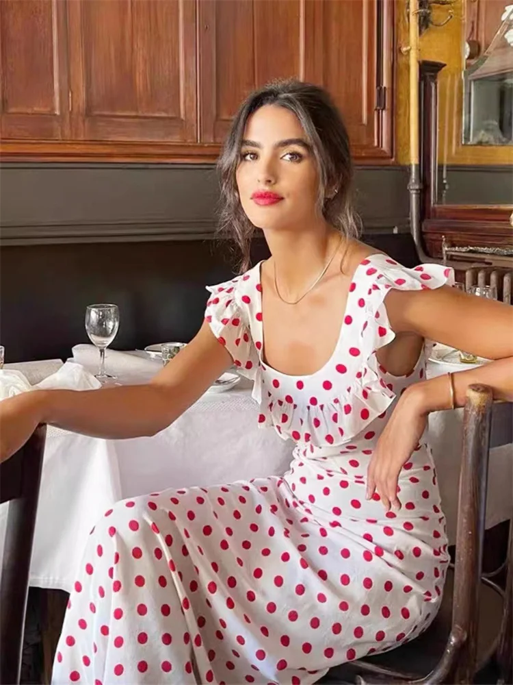 ladies-100-viscose-sleeveless-slim-elegant-sweet-long-robe-women-retro-polka-dot-ruffled-edge-red-dress-spring-summer-2024-new