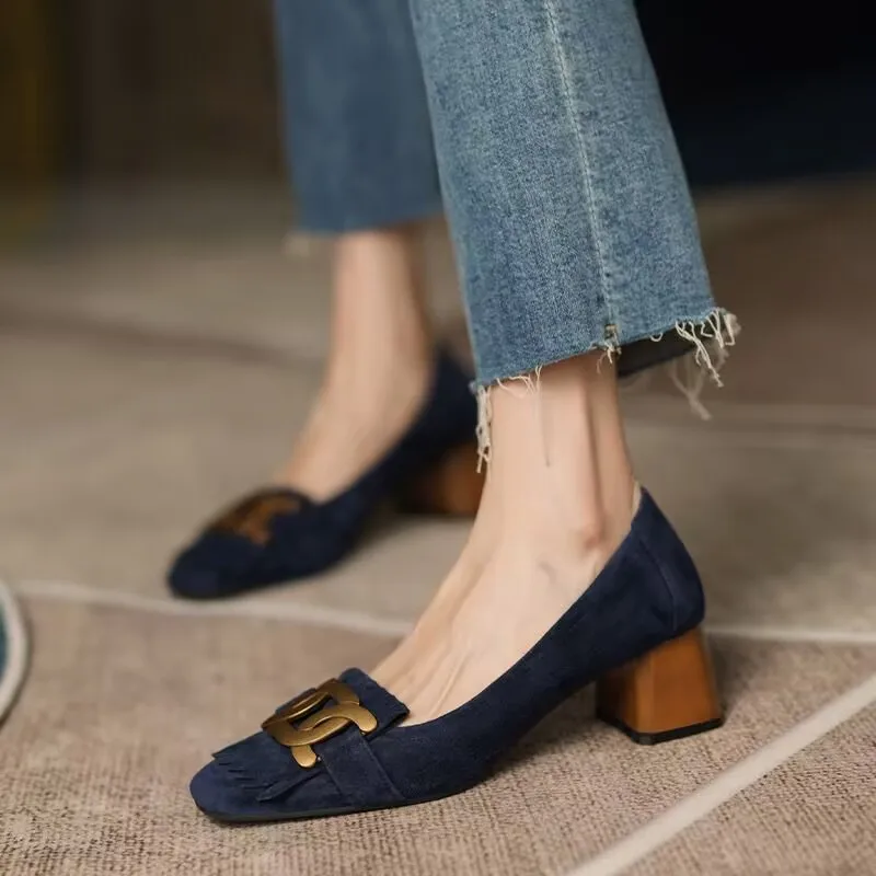 Women's small size single shoes 34-39 square head a footstool thick heel suede high heels comfortable commuting Mary Jane shoes