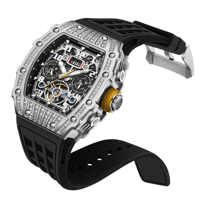 HANBORO Men Automatic Watch Luxury Mechanical Wristwatch Luminous Barrel Case 50M Waterproof Rubber Strap Multifunction Dial