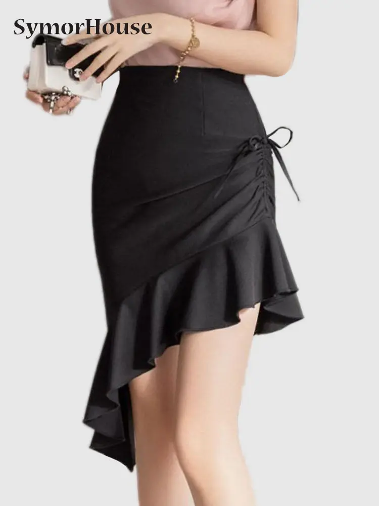 

2023 Spring Summer Women Chic Folds Wrap Hip Mermaid Skirts New Casual High Waist Beach Party Black Lace-up Midi Skirt