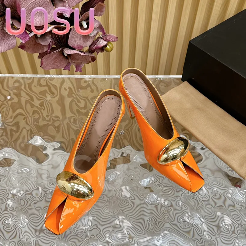 Designer Women's High Heels Luxury Metal Accessories Patent Leather Fine Heel Ladies Shoes Fashion Show Square Toe Dress Shoes