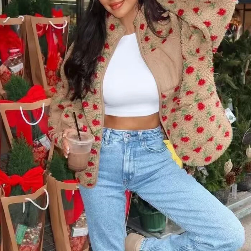 Fleece Jackets Women's Floral Coat Winter Long Sleeve Outwear 2025 Casual Loose Coat  Casual Loose y2k Jackets Woman Coat Tops