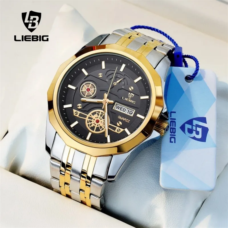 

LIEBIG Watch For Men Quartz Movement Golden Top Brand Luxury Stainless Steel Strap Date Week Wristwatch Clock relogio masculino