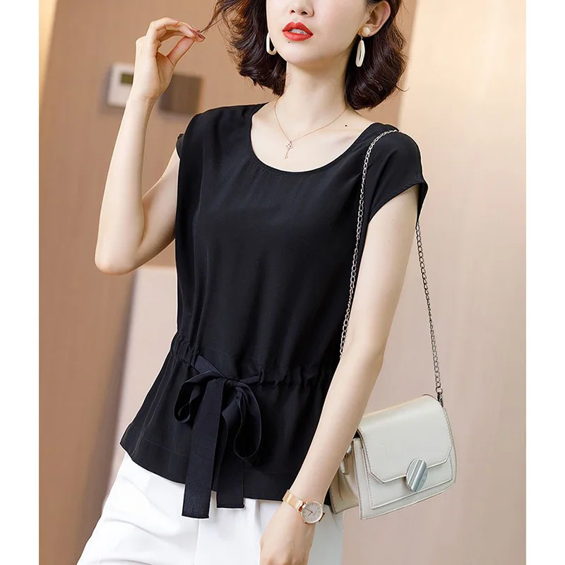 Elegant Solid Color Shirring Bandage Bow Blouse Women's Clothing 2023 Summer New Oversized Casual Pullovers Korean Chiffon Shirt
