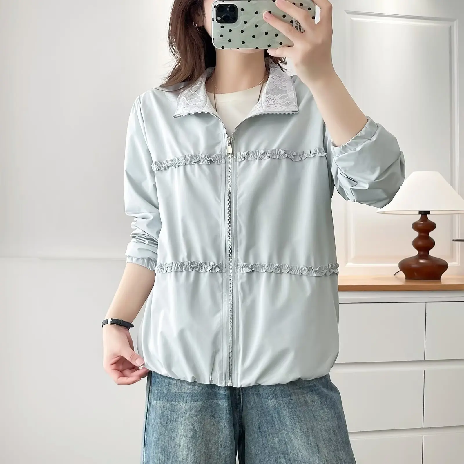 Plus Size Women's Jacket Autumn New Stylish Lace Lining Casual Zipper Coat 998