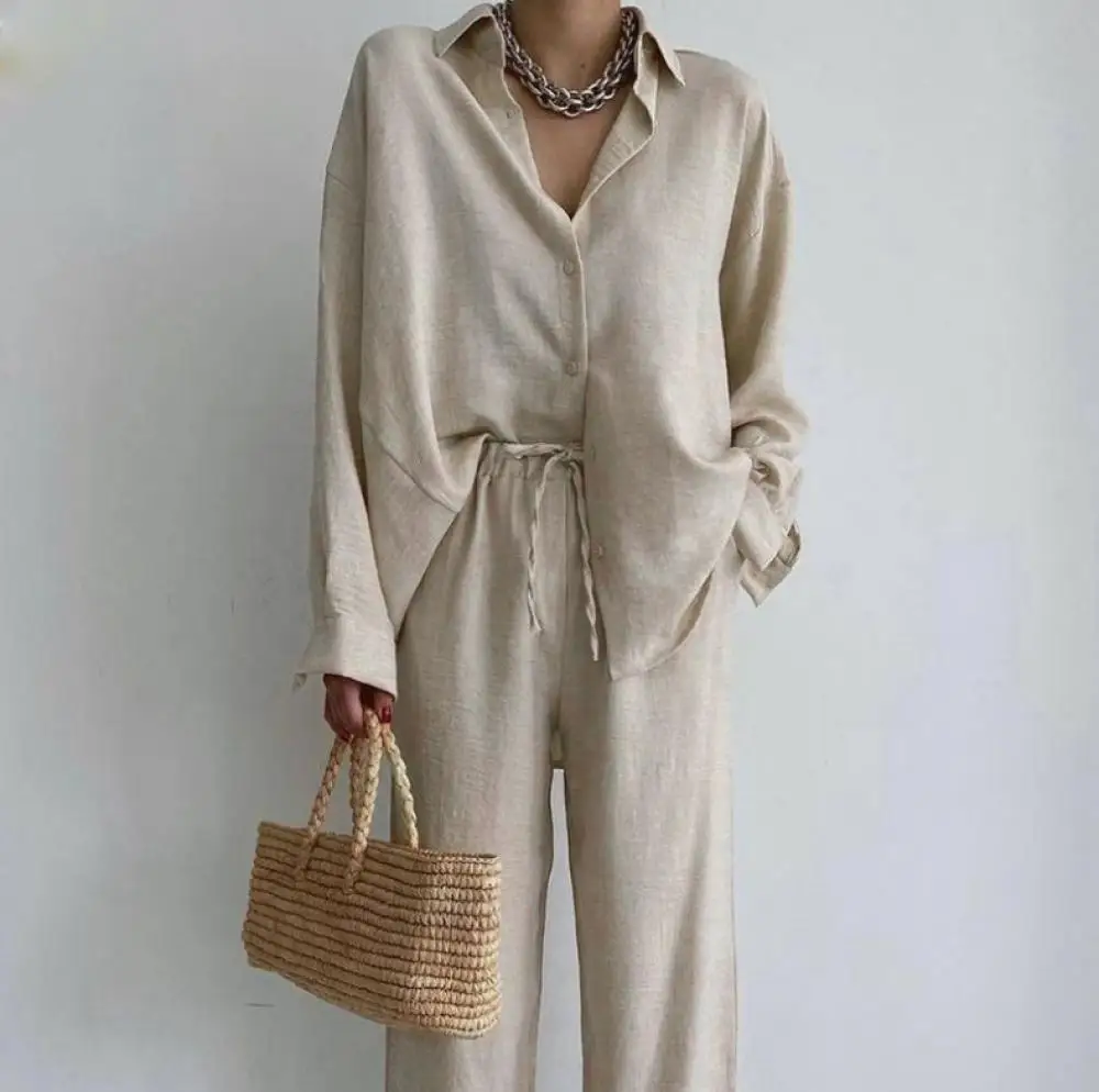 Women Loose Single Breasted Shirts Tops High Waist Wide Leg Pants Summer Fashion Matching Collection Cotton Linen Two Piece Set