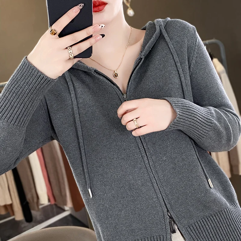 Classic hoodie Women Knitwear 100% All cotton Cardigan Fashion Sweater Long sleeves Double Zipper Style Thick Warm Basics Tops 2