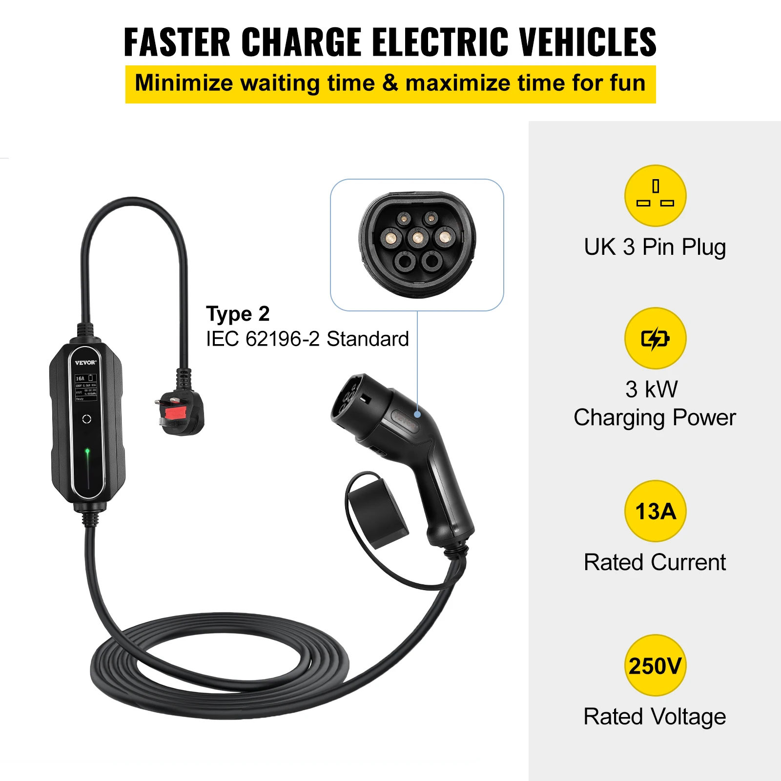 VEVOR Chargeur EV Portable Voiture Électrique Type 2 Câble 8,6m