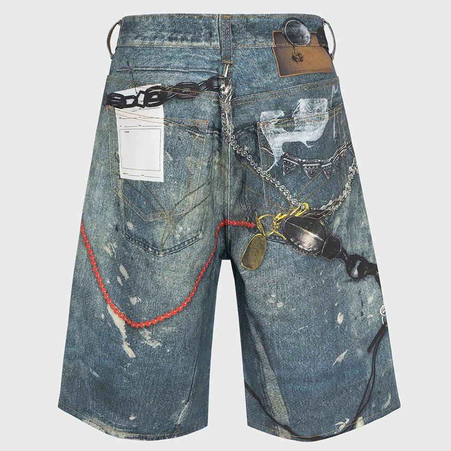 Keychain Graphic Vintage Denim Shorts Men Blue Baggy Jeans Shorts Summer Loose Casual